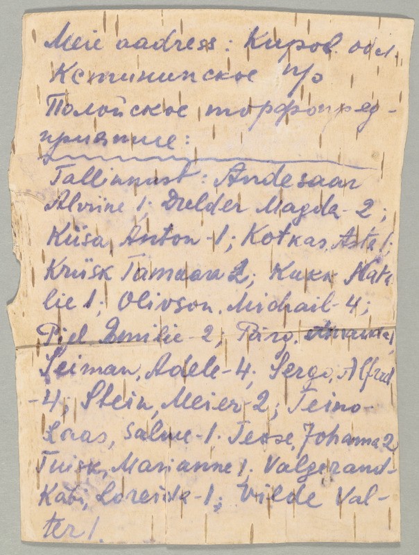 Siberi asumiselt saadetud kiri kasetohul, Eesti Ajaloomuuseum.jpg